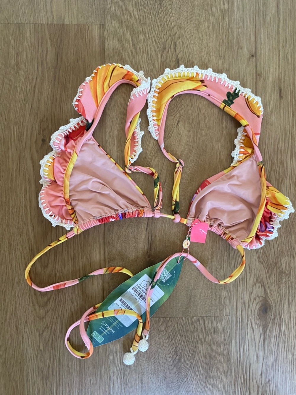 NWT Farm Rio Banana Taste Floral Ruffled Triangle Bikini Top - Pink & Yellow - Picture 2 of 2